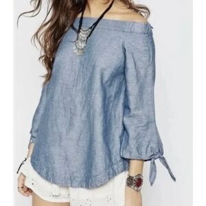 Free People Show Some Shoulder Top Chambray Blue Cotton Linen Off Shoulder Small
